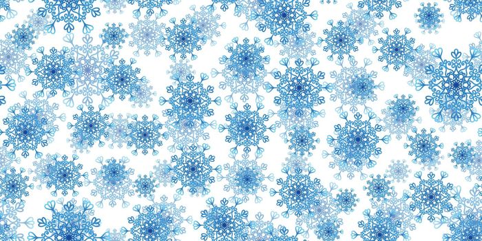 Winter seamless pattern with blue snowflakes on white background. Vector illustration for fabric, textile wallpaper, posters, gift wrapping paper. Christmas vector illustration. Falling snow.