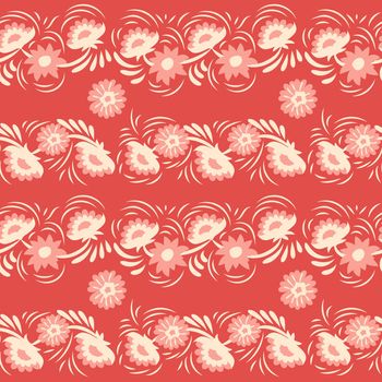 Abstract floral seamless pattern in Ukrainian folk painting style Petrykivka. Hand drawn fantasy flowers, leaves, branches on a dark indigo blue background.Batik, page fill, album cover, textile print