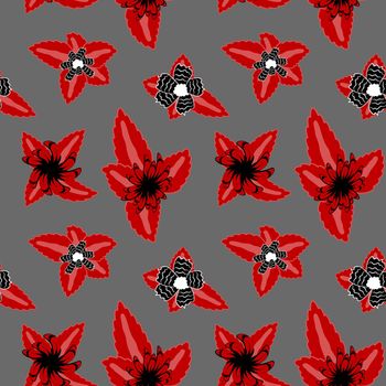 Abstract floral seamless pattern in Ukrainian folk painting style Petrykivka. Hand drawn fantasy flowers, leaves, branches on a dark indigo blue background.Batik, page fill, album cover, textile print