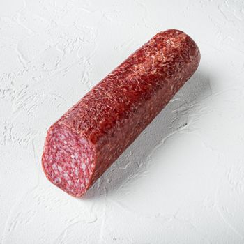 Traditional smoked salami sausage with spices set, square format, on white stone table background