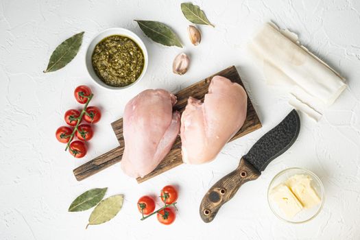 Chicken kiev ingredients with filo set, on white stone background, top view flat lay