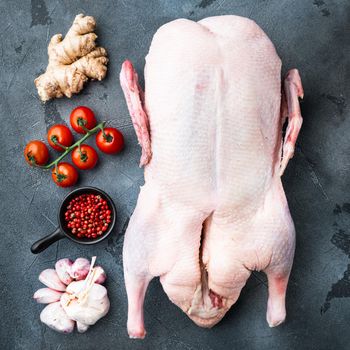 Whole raw duck meat on grey background, top view.