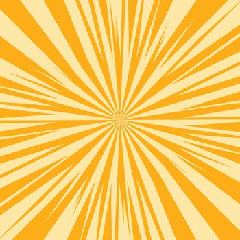 Pop art radial colorful comics book magazine cover. Striped orange digital background. Cartoon funny retro pattern strip mock up. Vector halftone illustration. Sunburst, starburst shape.