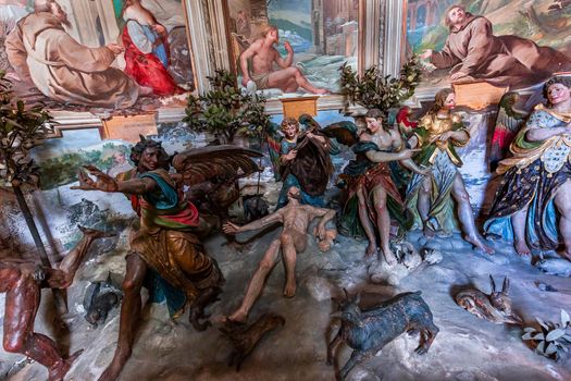 ORTA SAN GIULIO, ITALY, MAY 29, 2019 : interiors decors and frescoes of chapel in Sacro monte di Orta, , may 29, 2019, in Orta san Giulio, italy