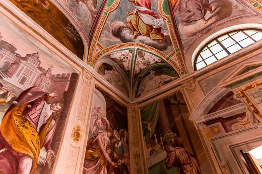 ORTA SAN GIULIO, ITALY, MAY 29, 2019 : interiors decors and frescoes of chapel in Sacro monte di Orta, , may 29, 2019, in Orta san Giulio, italy