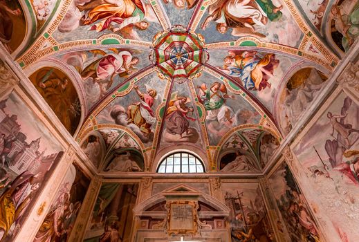 ORTA SAN GIULIO, ITALY, MAY 29, 2019 : interiors decors and frescoes of chapel in Sacro monte di Orta, , may 29, 2019, in Orta san Giulio, italy