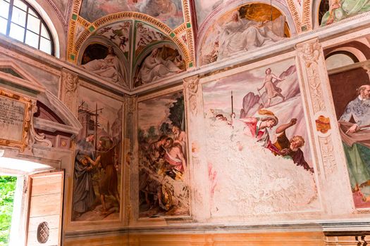 ORTA SAN GIULIO, ITALY, MAY 29, 2019 : interiors decors and frescoes of chapel in Sacro monte di Orta, , may 29, 2019, in Orta san Giulio, italy