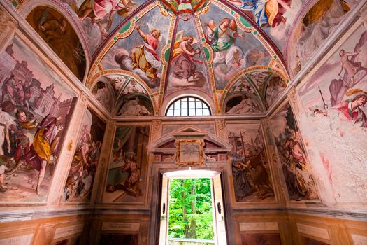 ORTA SAN GIULIO, ITALY, MAY 29, 2019 : interiors decors and frescoes of chapel in Sacro monte di Orta, , may 29, 2019, in Orta san Giulio, italy