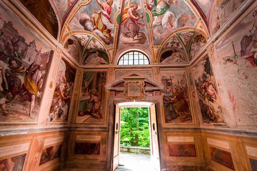 ORTA SAN GIULIO, ITALY, MAY 29, 2019 : interiors decors and frescoes of chapel in Sacro monte di Orta, , may 29, 2019, in Orta san Giulio, italy