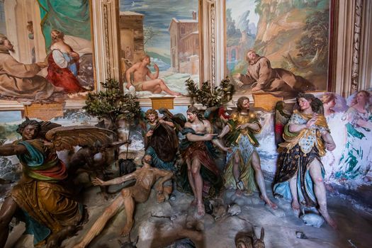 ORTA SAN GIULIO, ITALY, MAY 29, 2019 : interiors decors and frescoes of chapel in Sacro monte di Orta, , may 29, 2019, in Orta san Giulio, italy