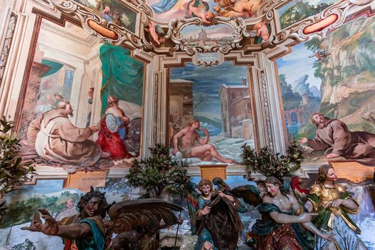 ORTA SAN GIULIO, ITALY, MAY 29, 2019 : interiors decors and frescoes of chapel in Sacro monte di Orta, , may 29, 2019, in Orta san Giulio, italy