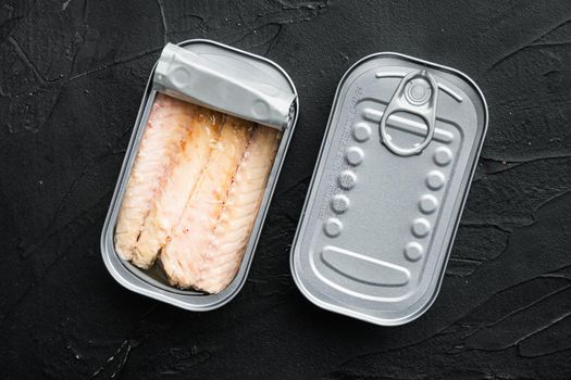 Canned Mackerel fillet, fish preserves set, in tin can, on black background, top view flat lay