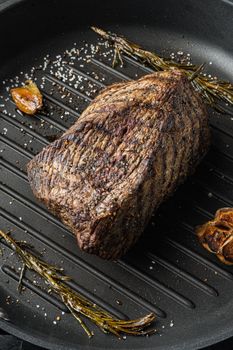 Brisket beef meat baked set, on frying iron pan