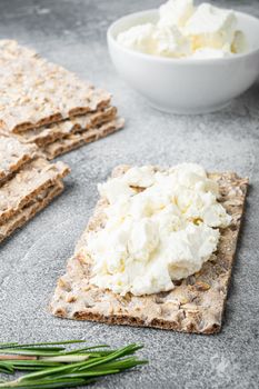 Fresh rye crispbreads with different topping set, on gray stone table background