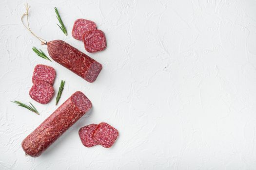 Traditional smoked salami sausage with spices set, on white stone table background, top view flat lay, with copy space for text