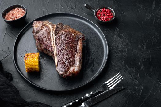 Aged Beef T Bone steak. Juicy cooked steak with rosemary and spices set, on plate, with copy space for text