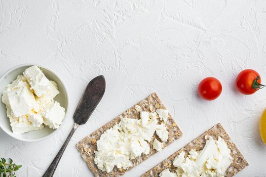 Crisp bread sandwich set, on white stone table background, top view flat lay, with copy space for text