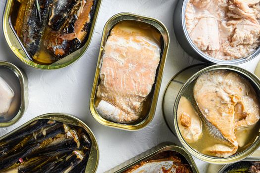 Set aluminium and tin cans with Saury, mackerel, sprats, sardines, pilchard, squid, tuna over white textured background close up.