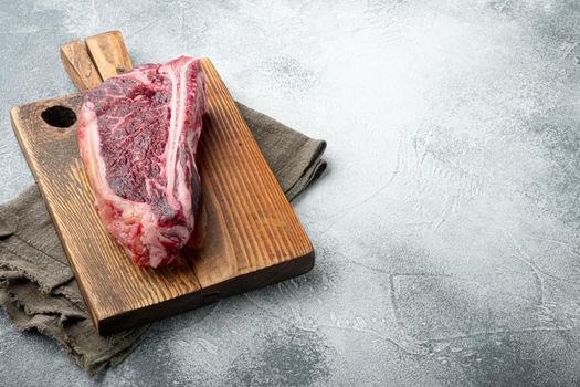 Raw fresh meat dry aged Club Steak set, on gray stone background, with copy space for text