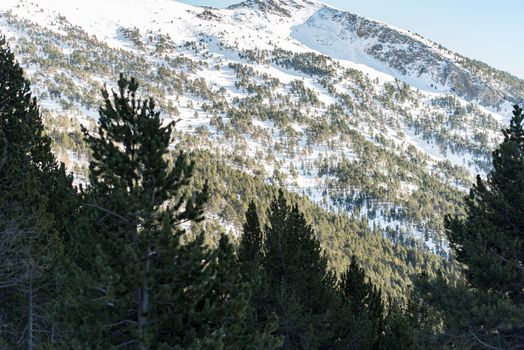Landscape on incredible sunny day in winter in the Pyrenees in Andorra.