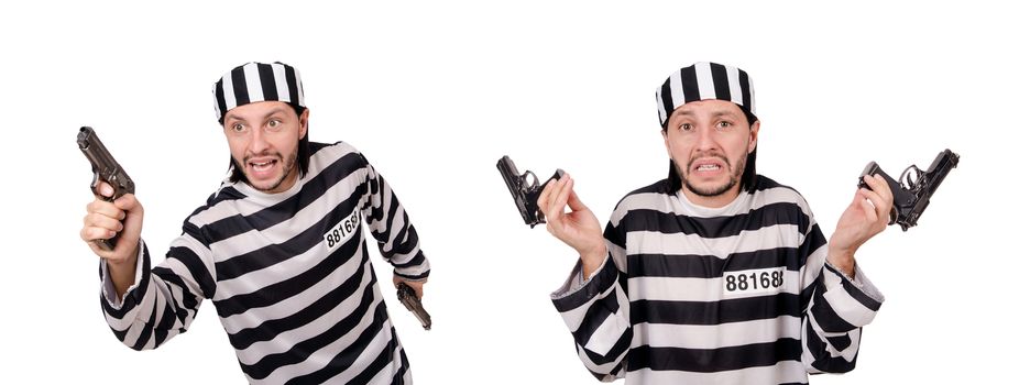 Prison inmate with gun isolated on white