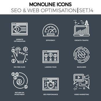Line icons set with flat design. Website optimization, efficiency, growth traffic, pay per click, landing page, backlinks, return on investment, seo perfomance, video marketing. Monoline icons