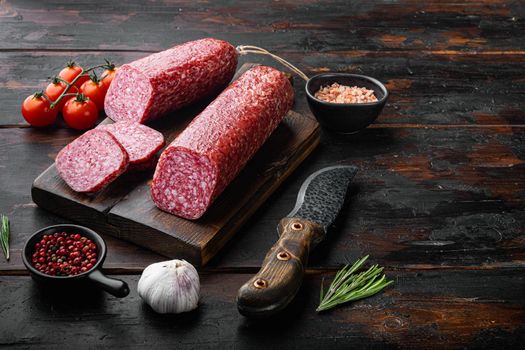 Salami with herbs and spices set, on old dark wooden table background, with copy space for text