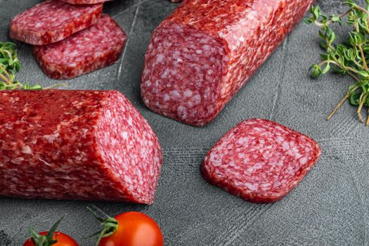 Salami with herbs , garlic set, on gray stone table background