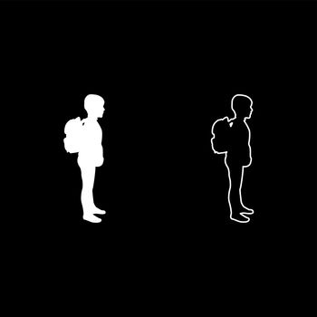 Schoolboy with backpack Pupil stand carrying on back Going to school concept Come back to school idea education Preschooler rucksack first September start lessons knapsack Side view silhouette white color vector illustration solid outline style simple image