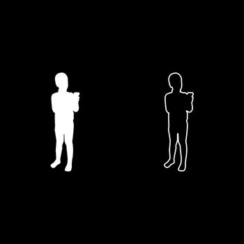 Boy holding smartphone phone Playing tablet Male using communication tool Adolescent looking phone addiction Concept dependency from modern technologies silhouette white color vector illustration solid outline style simple image