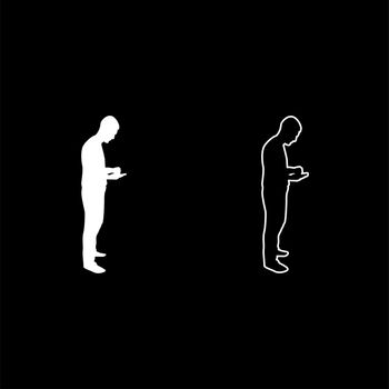 Man holding smartphone phone Playing tablet Male using communication tool Idea looking phone addiction Concept dependency from modern technologies silhouette white color vector illustration solid outline style simple image