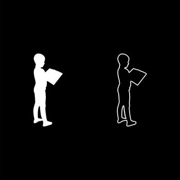 Boy reading book standing Teen male with open book in his hands Cute schoolboy read Ready to back to school concept Education online learning silhouette white color vector illustration solid outline style simple image