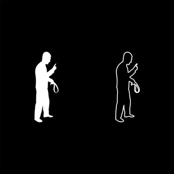 Angry man with belt in hand for punishment warns showing index finger Violence in family concept Abuse idea Domestic trouble Fury male threatening victim Social problem Husband father emotionally aggression against human Bullying silhouette white color vector illustration solid outline style simple image