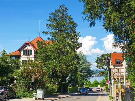 Richterswil, canton of Zurich, Switzerland circa June 2021: Historic building and house on street, Swiss architecture and real estate