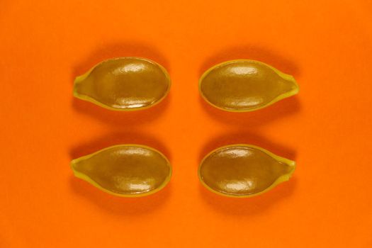 Four goliath pumpkin seeds pattern layout on an orange background, South Africa