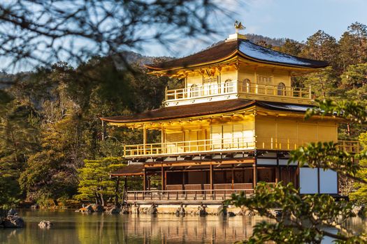Kinkakuji Temple ( Rokuon-ji Temple ) . Golden Pavilion at Kyoto , Japan . Telephoto view .