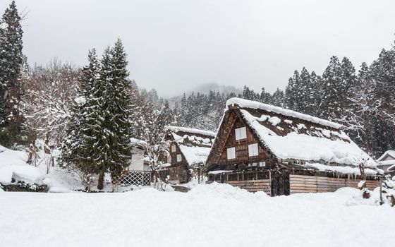 Shirakawago village with snow fall in winter season . Landmark of Gifu , Takayama , Japan .