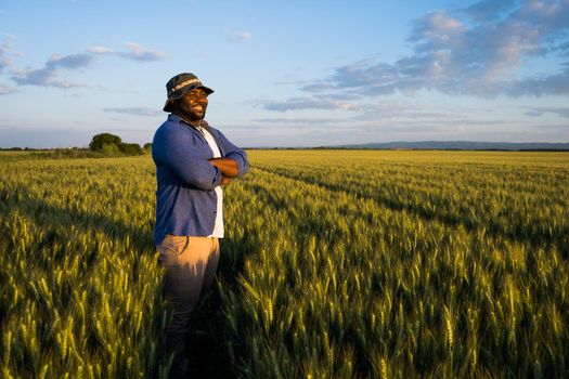 Farmer is standing in his growing wheat field. He is satisfied after successful sowing.
