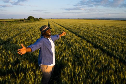 Farmer is standing in his growing wheat field. He is satisfied after successful sowing.