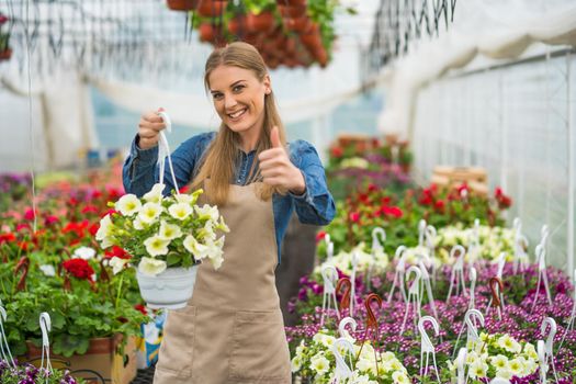 Woman is owning small business greenhouse store. Female entrepreneur.