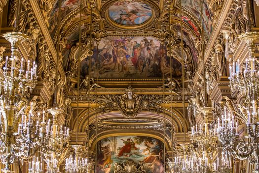 PARIS, FRANCE, MARCH 14, 2017 : interiors, frescoes and architectural details of the palais Garnier, Opera of Paris, march 14, 2017 in Paris, France.