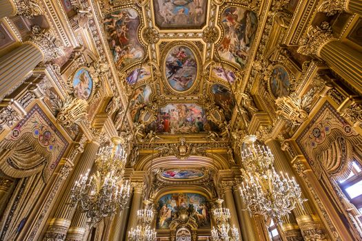 PARIS, FRANCE, MARCH 14, 2017 : interiors, frescoes and architectural details of the palais Garnier, Opera of Paris, march 14, 2017 in Paris, France.