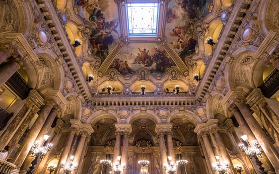 PARIS, FRANCE, MARCH 14, 2017 : interiors, frescoes and architectural details of the palais Garnier, Opera of Paris, march 14, 2017 in Paris, France.