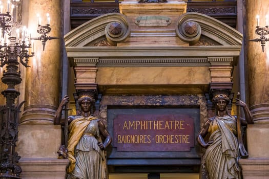 PARIS, FRANCE, MARCH 14, 2017 : interiors, frescoes and architectural details of the palais Garnier, Opera of Paris, march 14, 2017 in Paris, France.