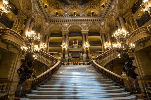 PARIS, FRANCE, MARCH 14, 2017 : interiors, frescoes and architectural details of the palais Garnier, Opera of Paris, march 14, 2017 in Paris, France.