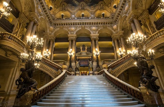 PARIS, FRANCE, MARCH 14, 2017 : interiors, frescoes and architectural details of the palais Garnier, Opera of Paris, march 14, 2017 in Paris, France.