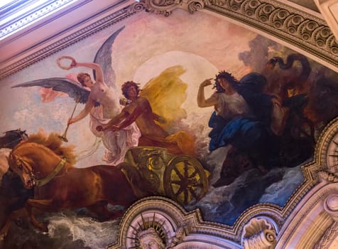 PARIS, FRANCE, MARCH 14, 2017 : interiors, frescoes and architectural details of the palais Garnier, Opera of Paris, march 14, 2017 in Paris, France.