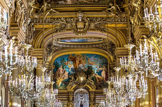 PARIS, FRANCE, MARCH 14, 2017 : interiors, frescoes and architectural details of the palais Garnier, Opera of Paris, march 14, 2017 in Paris, France.