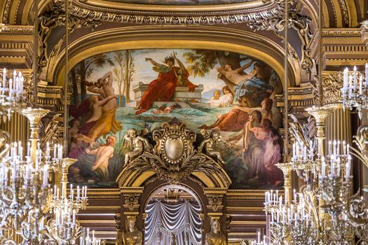 PARIS, FRANCE, MARCH 14, 2017 : interiors, frescoes and architectural details of the palais Garnier, Opera of Paris, march 14, 2017 in Paris, France.