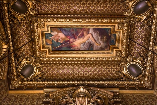 PARIS, FRANCE, MARCH 14, 2017 : interiors, frescoes and architectural details of the palais Garnier, Opera of Paris, march 14, 2017 in Paris, France.